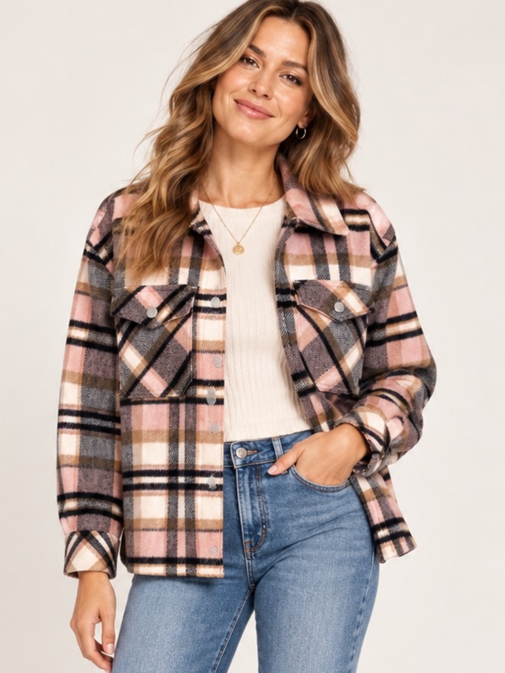 Nine.Eight New York Pink Plaid Shacket Shirt Jacket Size L